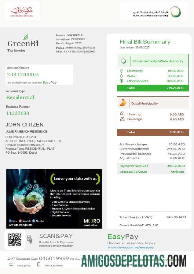realista Modelo de fatura de serviços públicos da Autoridade de Eletricidade e Água dos Emirados Árabes Unidos em formatos Word e PDF, versão 2